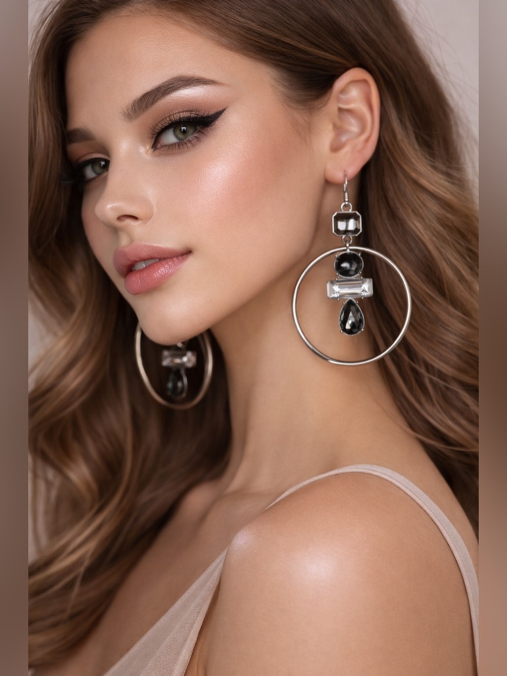 paparazzi Silver and Black Crystal Hoop Dangle Earrings
